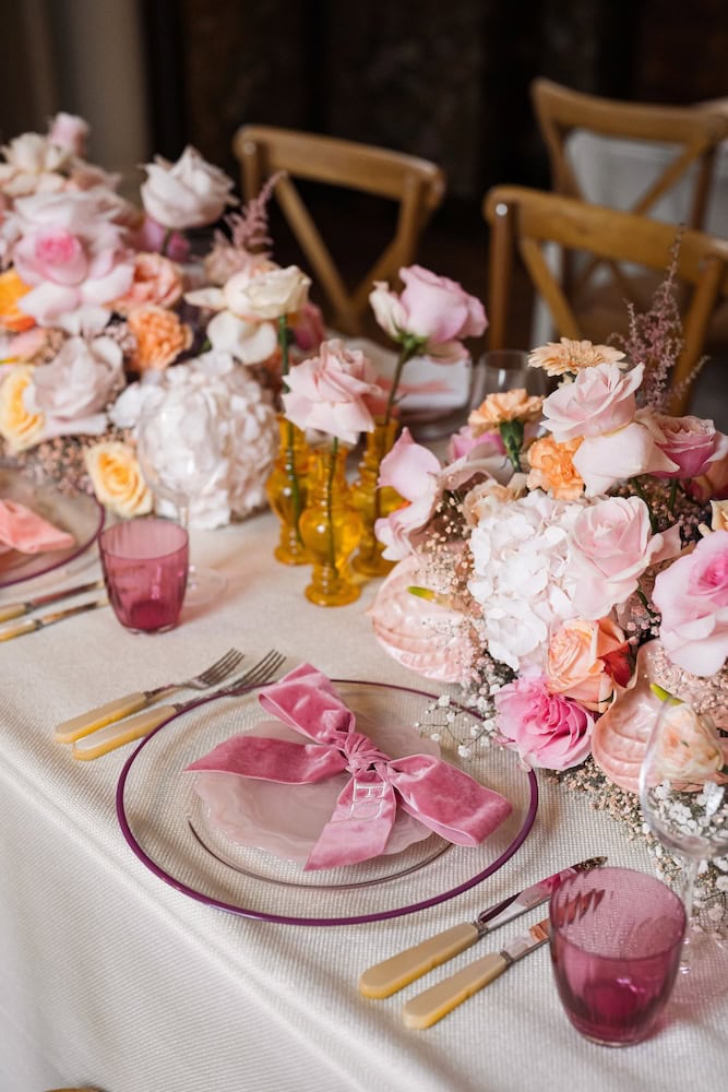 Colourful Wedding Tablescape With Floral Design And Glassware