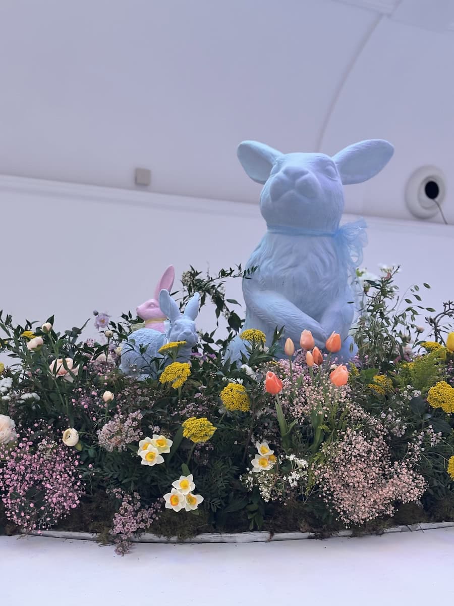 Flocked Blue Bunny With Floral Meadow Featuring Soft Seasonal Blooms