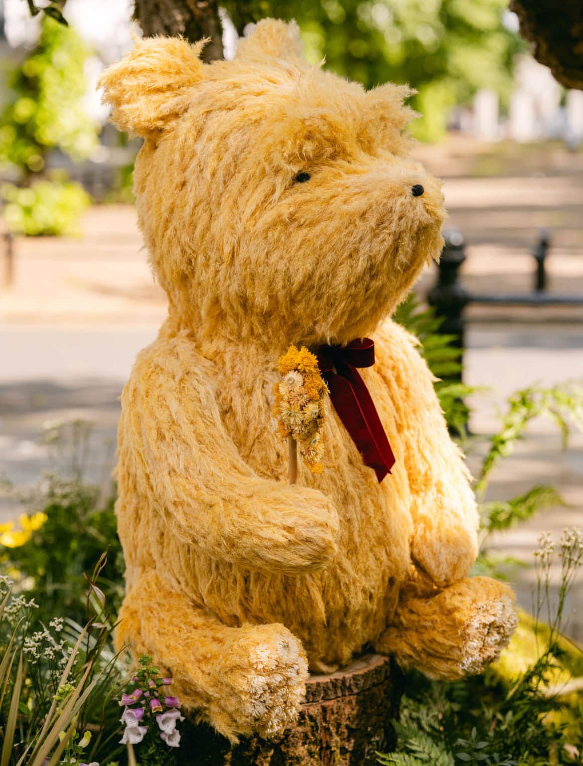 Floral Winnie the Pooh sculpture with soft pampas fur and Helichrysum accents