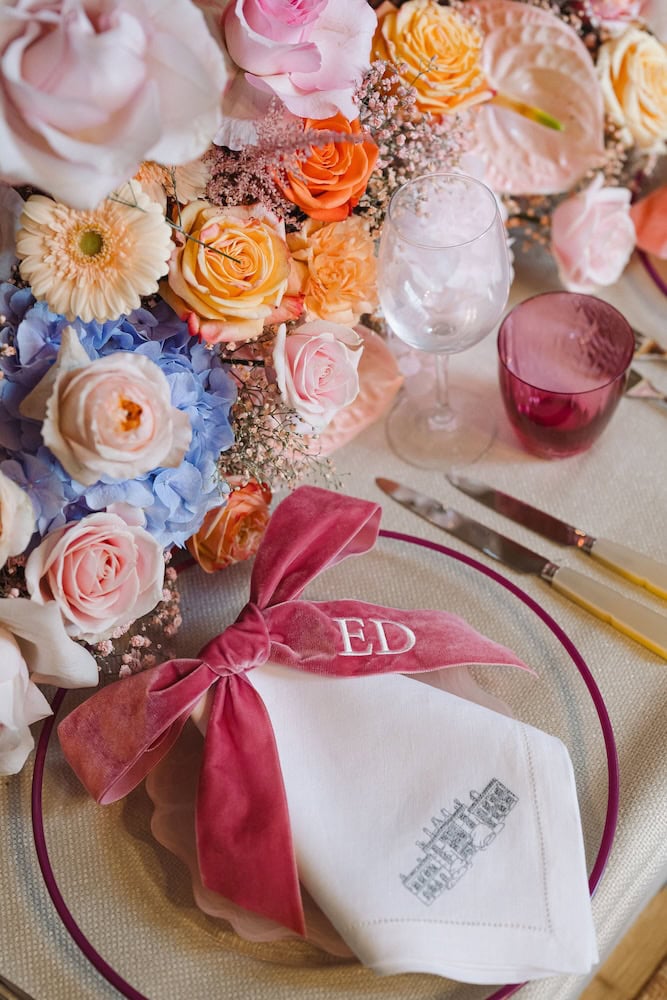 Personalised Embroidered Napkin And Bow At Pylewell Park Tablescape