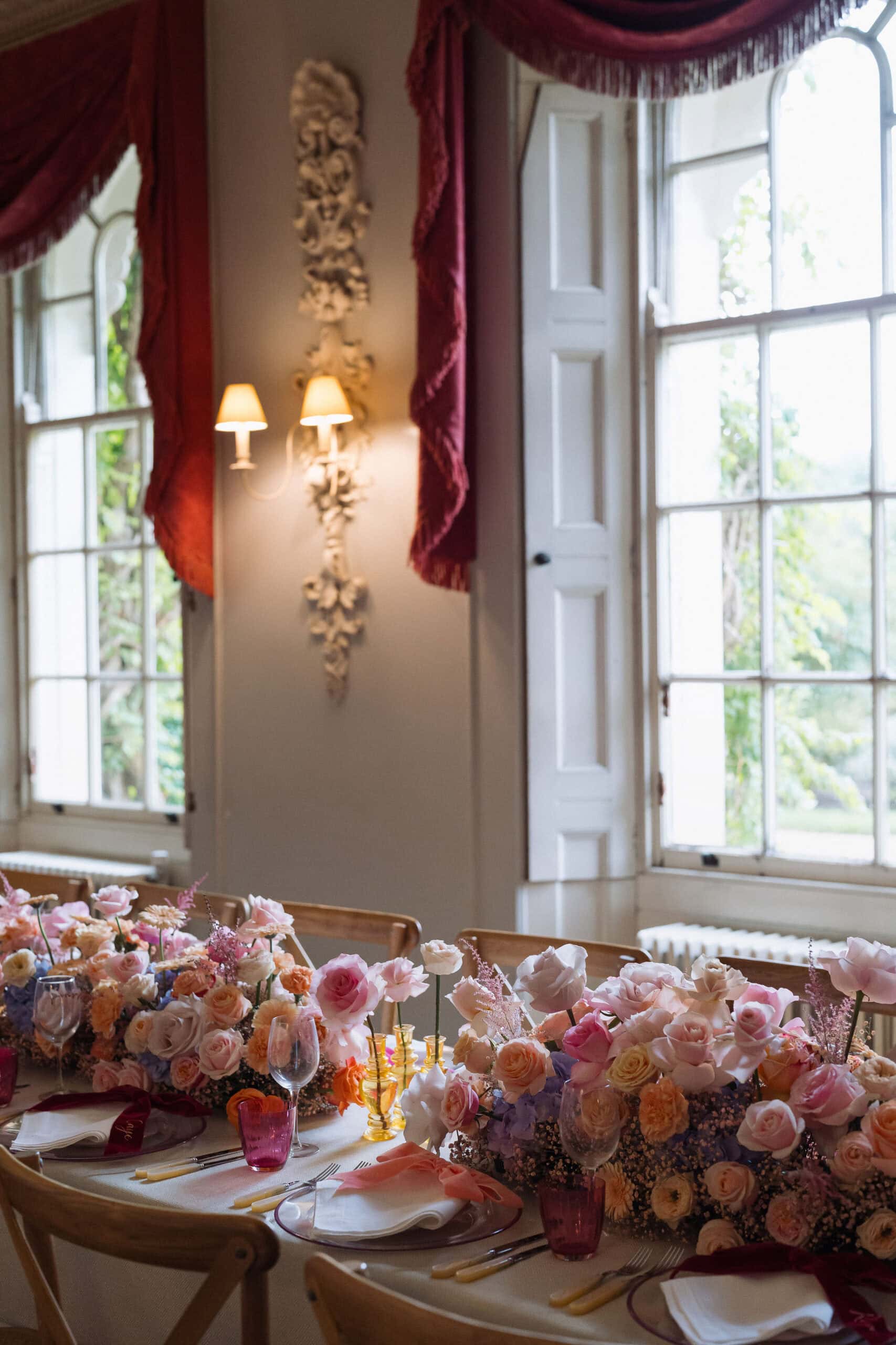 Vibrant Wedding Tablescape With Bold Floral Design At Pylewell Park