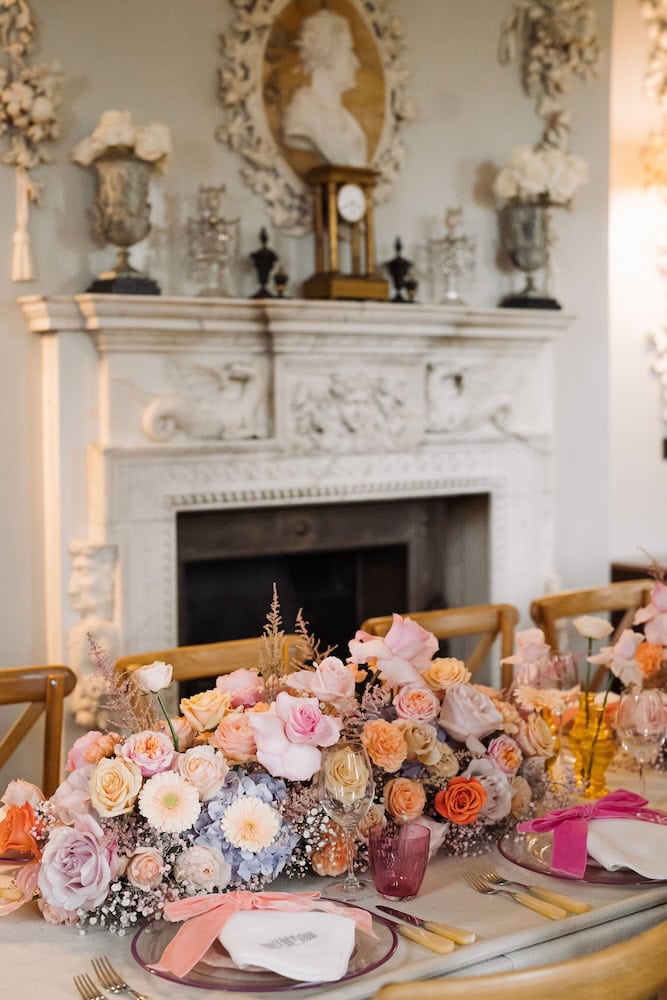 Wedding Table Setting With Fireplace And Floral Decor At Pylewell Park