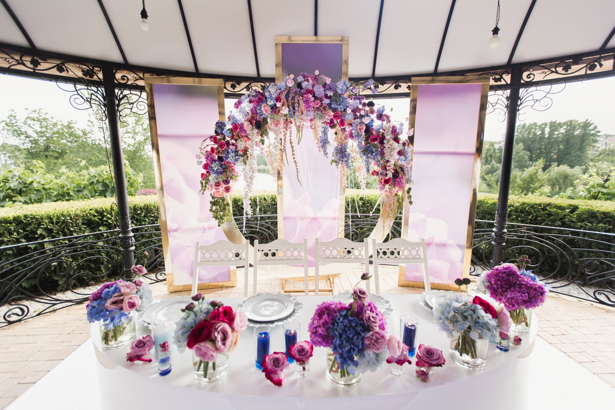 Bride And Groom Table Setting And Flower Decoration. Presidium Of Newlyweds Outdoors