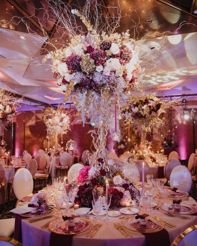 Merry Christmas to you all!  It’s a popular day for engagements, so a big congratulations to the newly engaged! Here’s a glimpse of a Christmas wedding we had the pleasure of creating at @the_berkeley . Whimsical table arrangements featuring twisted willow, hydrangeas, roses, and asparagus fern – all coming together to make this day extra special.