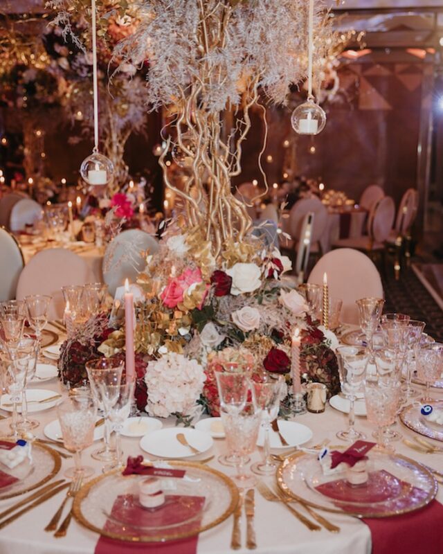 Merry Christmas to you all!  It’s a popular day for engagements, so a big congratulations to the newly engaged! Here’s a glimpse of a Christmas wedding we had the pleasure of creating at @the_berkeley . Whimsical table arrangements featuring twisted willow, hydrangeas, roses, and asparagus fern – all coming together to make this day extra special.