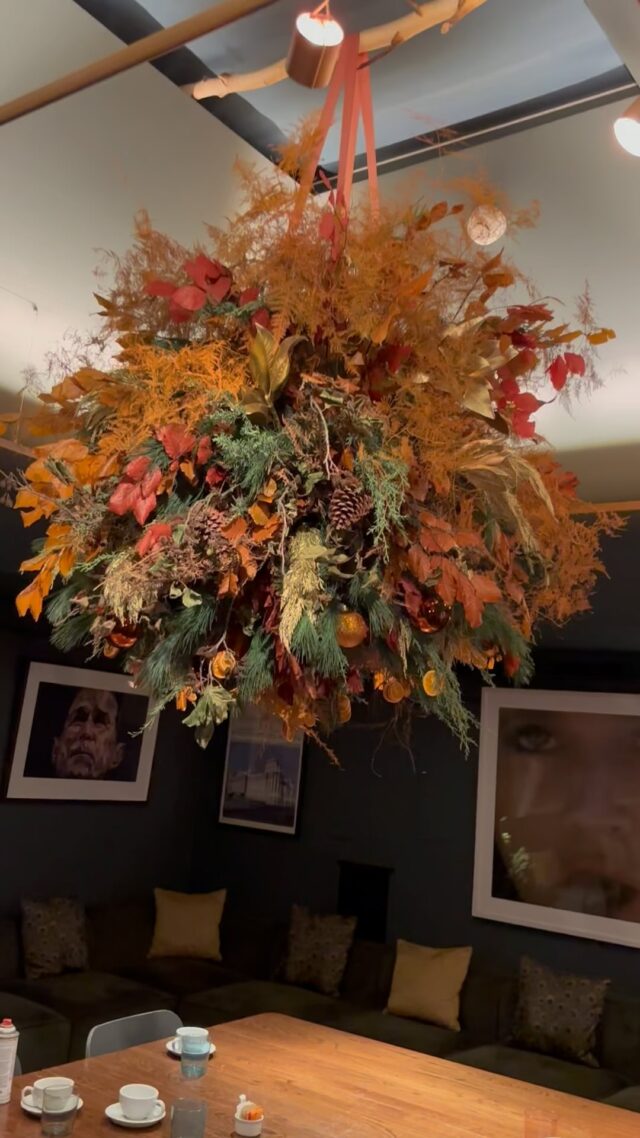 We’re in love with our floating fresh Christmas installation! A beautiful blend of asparagus fern, pines, orange slices, and autumnal leaves.