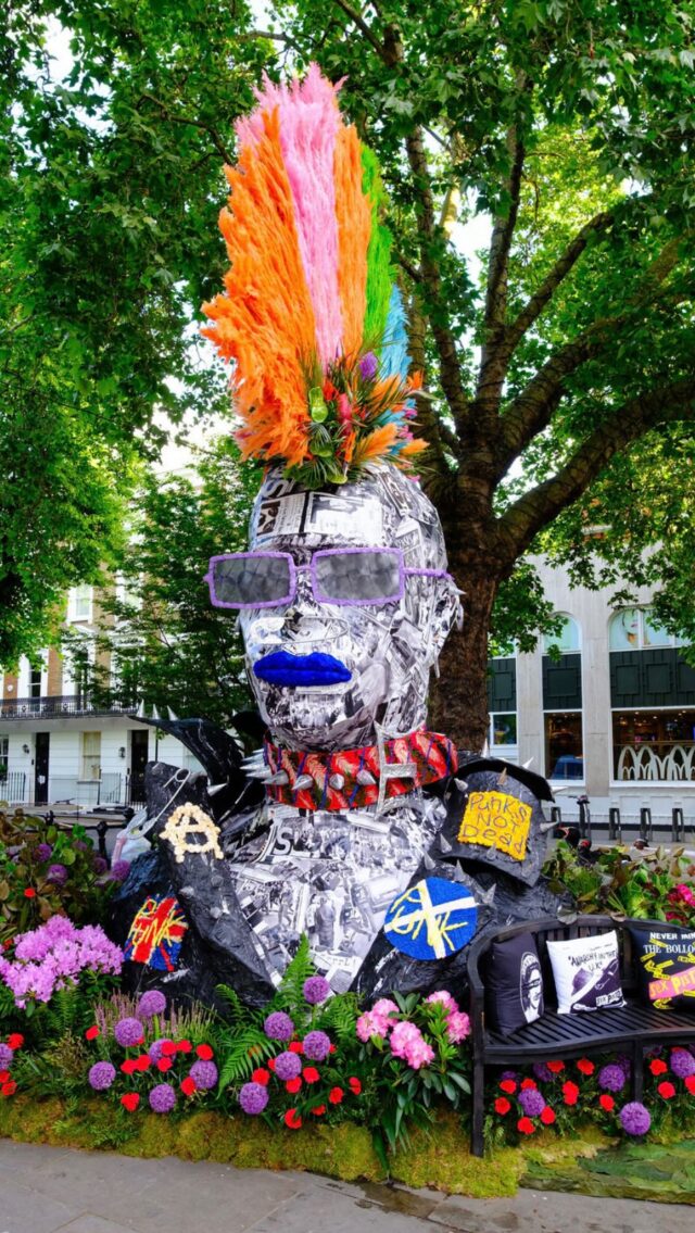 Chelsea goes punk!
We’ve created not one, but two floral Chelsea Punks this year for “Flowers in Fashion” theme. You’ll find this rebellious beauty on King’s Road as part of Chelsea in Bloom, while our second punk is turning heads at the Chelsea Flower Show.
Crafted with care and attitude, this piece features a skull collaged in Sex Pistols and Vivienne Westwood articles, a jacket of preserved black-sprayed leaves, and a Mohican made from pampas grass, palm leaves, anthurium and more.
Even the badges are made from preserved flowers!
Catch our floral rebel in the wild until Sunday. Thank you to my amazing team and @pollen_crew !  @polarblackevents @kingsroad.london Metal work: @juliancarterdesign 
Videography : @musemotionpictures